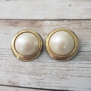 Vintage Donald Stannard Clip On Earrings Gold Tone & Faux Pearl 1"